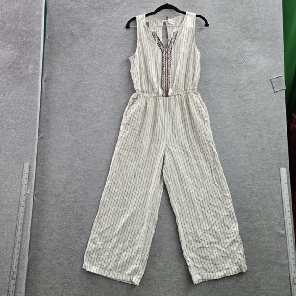 Old Navy Women Jumpsuit S White Boho Linen Rayon Striped Embroidered Wide Leg‎